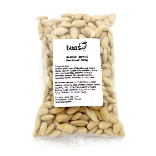 Mandle blanšírované (lúpané) 500g Lunys